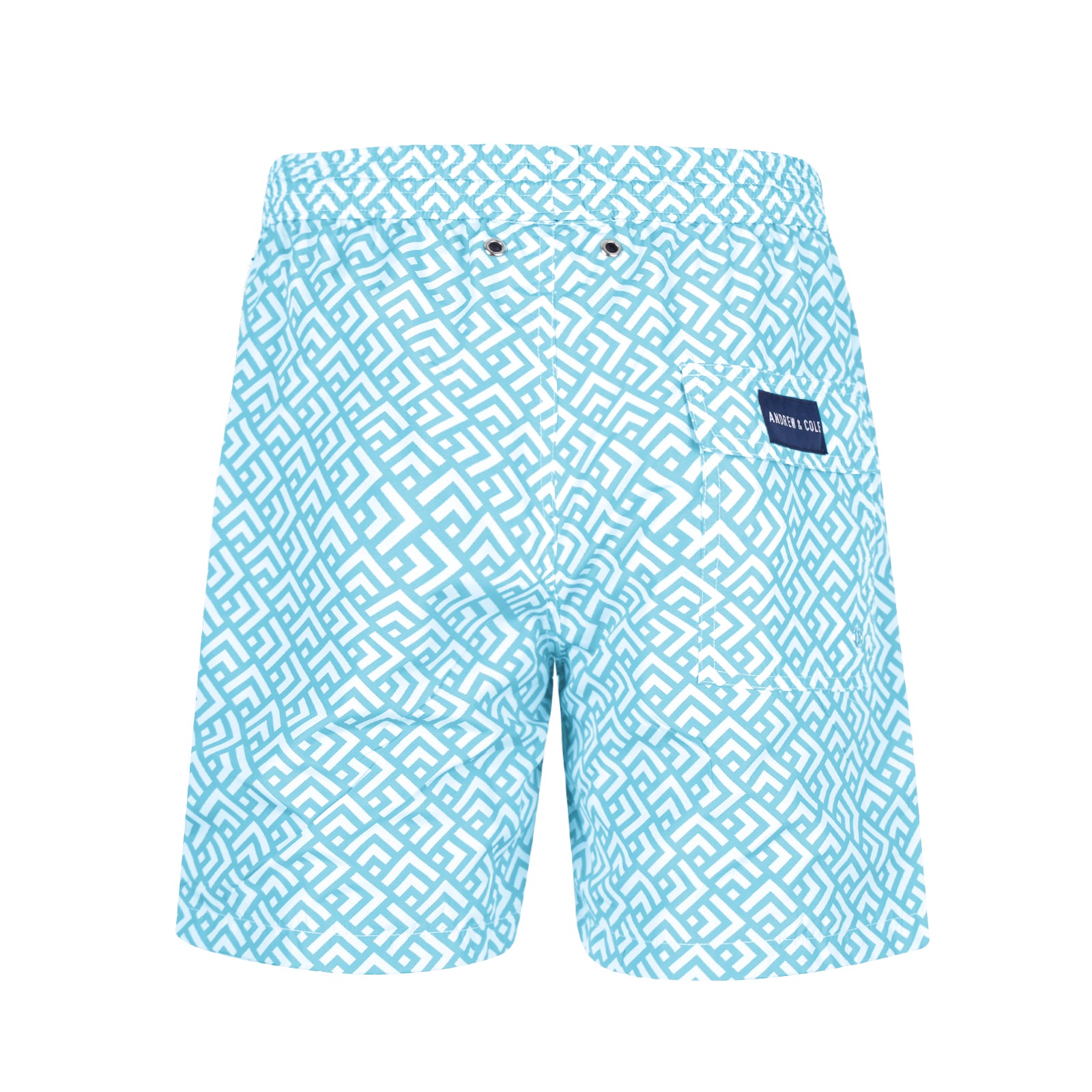 Hellblaue Badeshorts mit Muster Hinteransicht Andrew&Cole