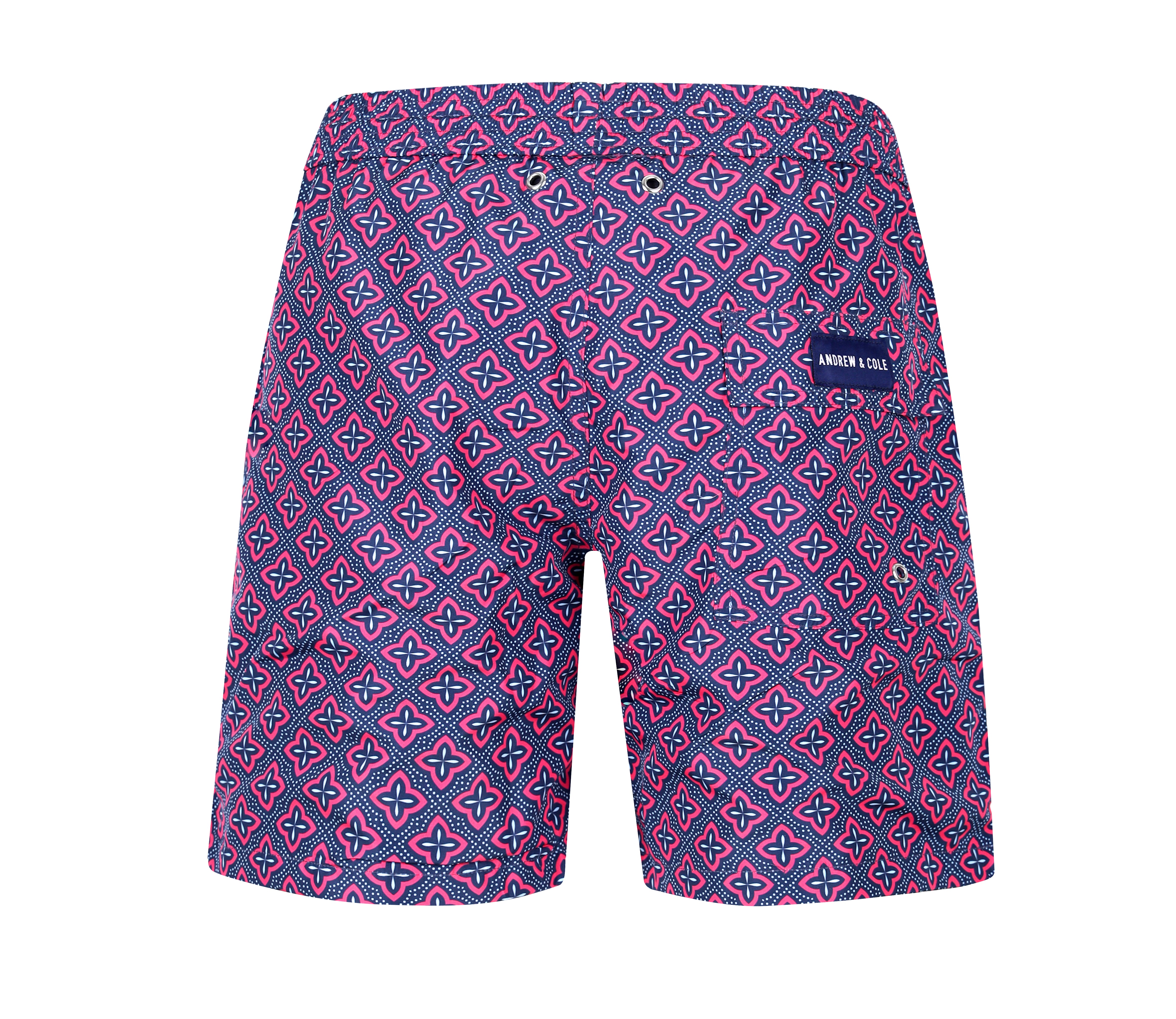 Blaue Badeshorts mit Muster Hinteransicht Andrew&Cole