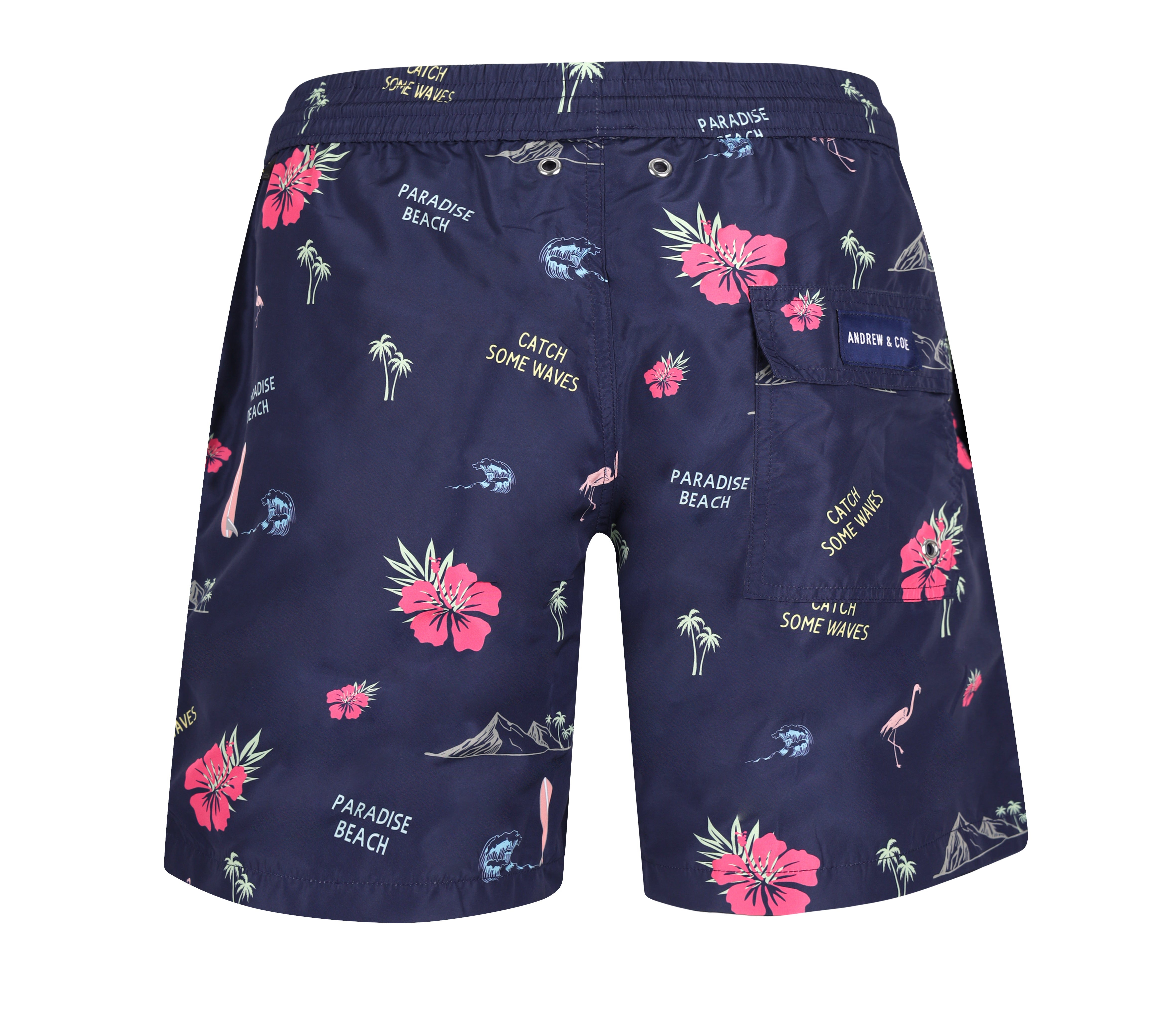 Dunkelblaue Badeshorts mit Muster Hinteransicht Andrew&Cole