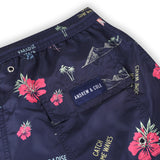 Dunkelblaue Badeshorts mit Muster Nahansicht mit Logo Andrew&Cole
